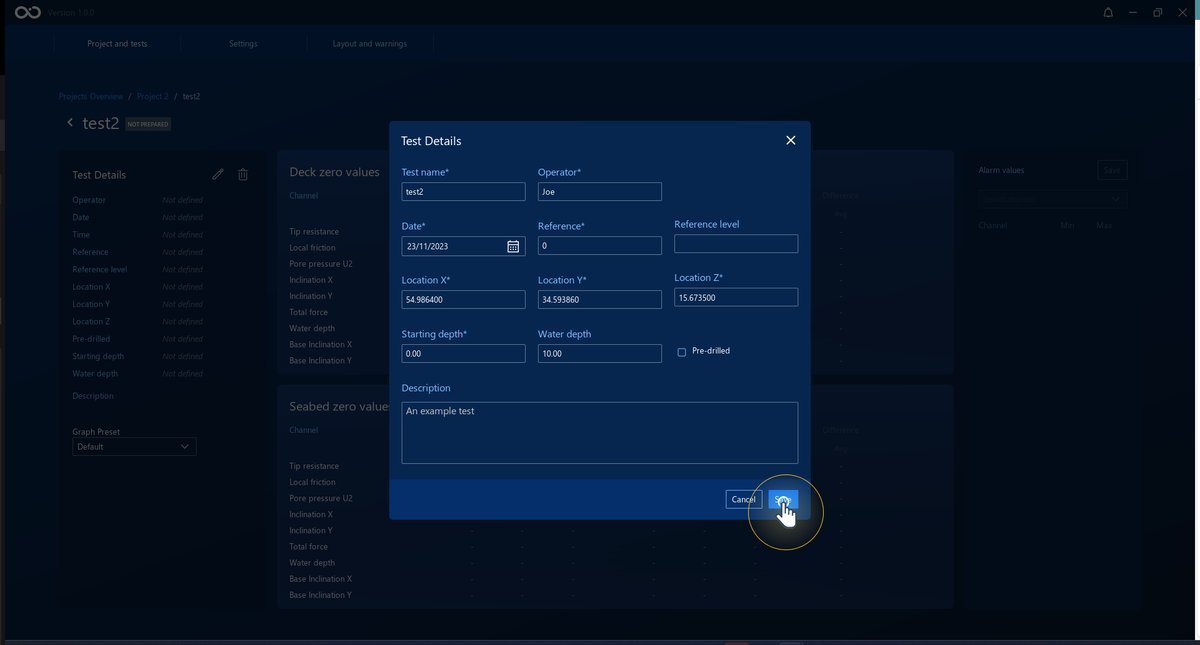 The button to save the test details changes
